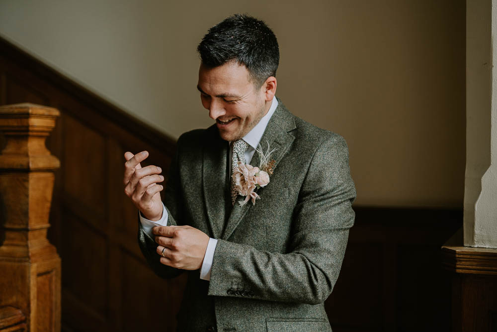 Groom Suit Grey Sage Green Tie Autumn Leaf Wedding Grace Dove Photography