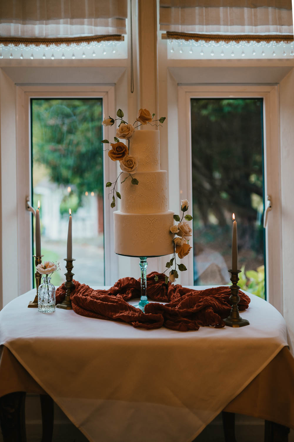 Flowers Candles Cake Table Autumn Leaf Wedding Grace Dove Photography