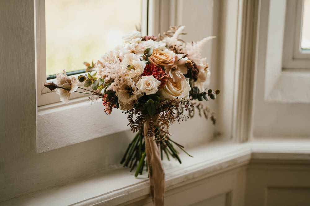 Bouquet Flowers Rose Astilbe Peach Cream Autumn Leaf Wedding Grace Dove Photography