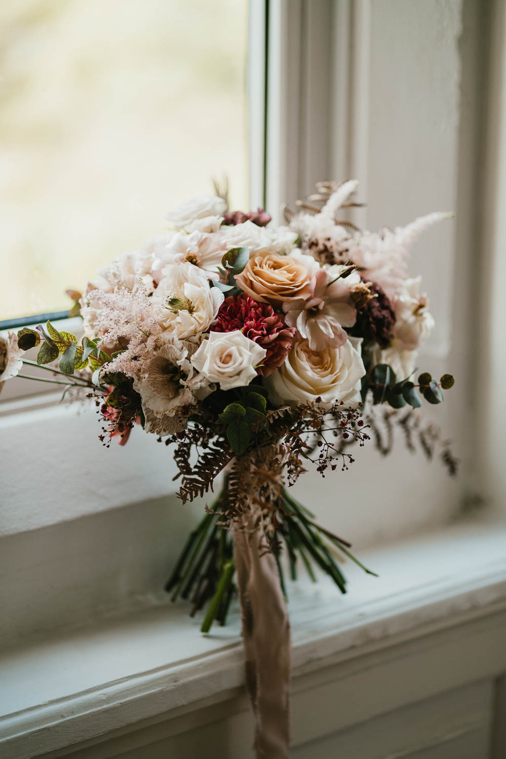 Bouquet Flowers Rose Astilbe Peach Cream Autumn Leaf Wedding Grace Dove Photography