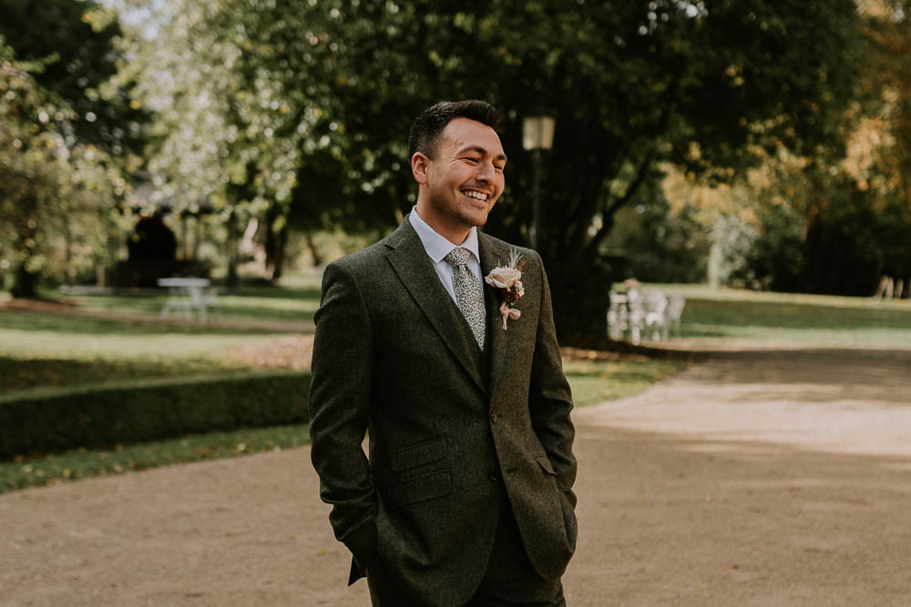 Groom Suit Grey Sage Green Tie Autumn Leaf Wedding Grace Dove Photography