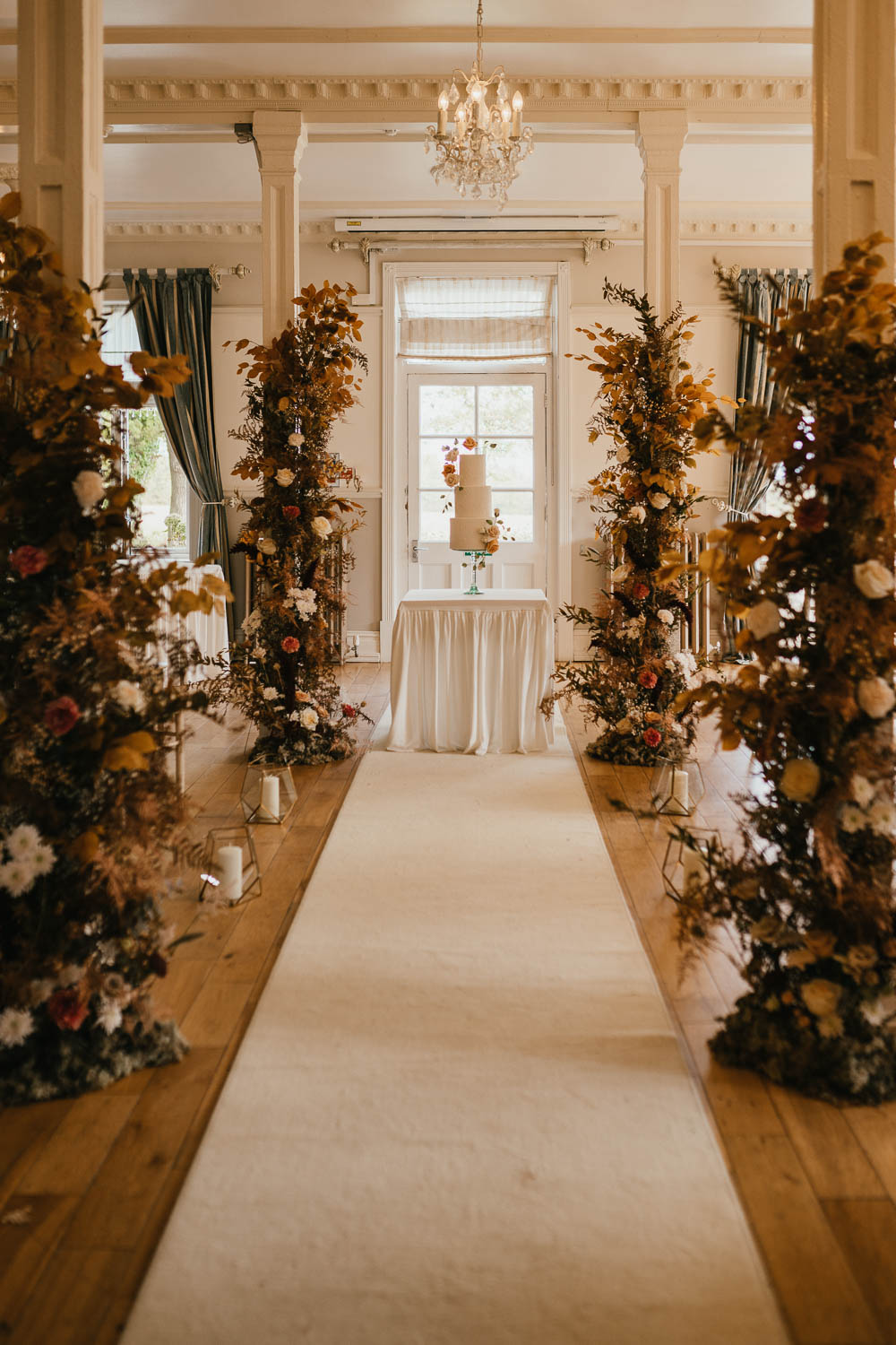 Flower Arrangement Cake Table Pillars Aisle Autumn Leaf Wedding Grace Dove Photography