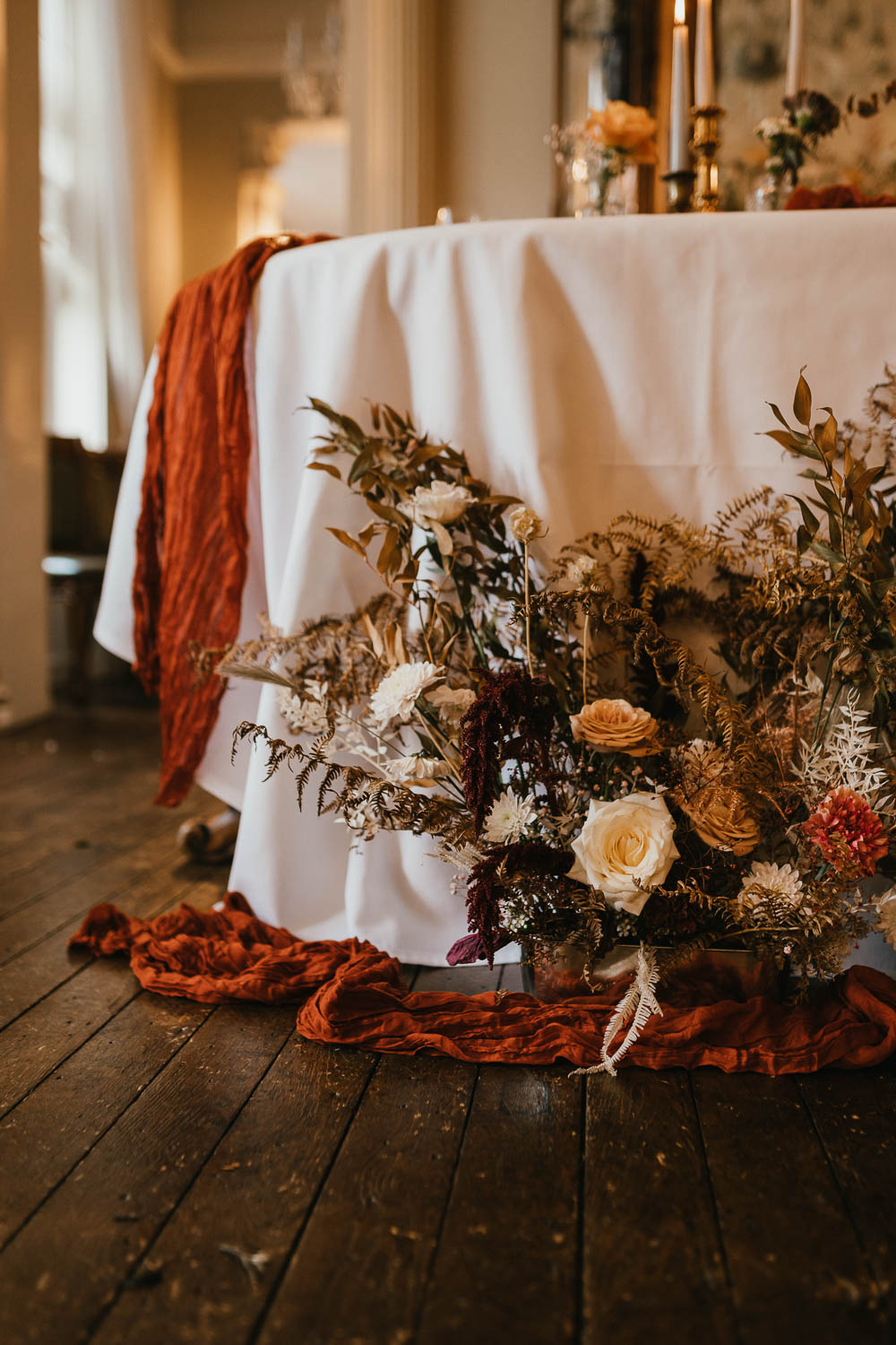 Top Table Decor Floor Flowers Orange Autumn Leaf Wedding Grace Dove Photography