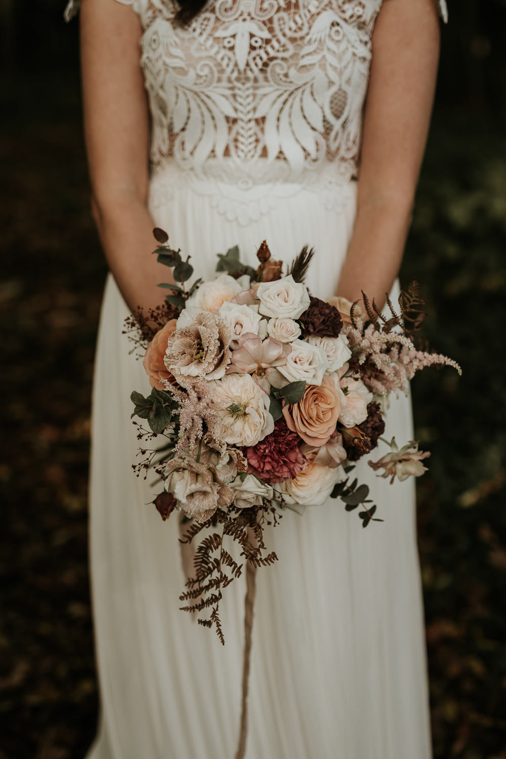 Bouquet Flowers Rose Astilbe Peach Cream Autumn Leaf Wedding Grace Dove Photography