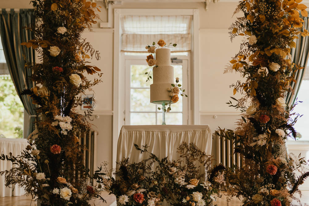 Flower Arrangement Cake Table Autumn Leaf Wedding Grace Dove Photography