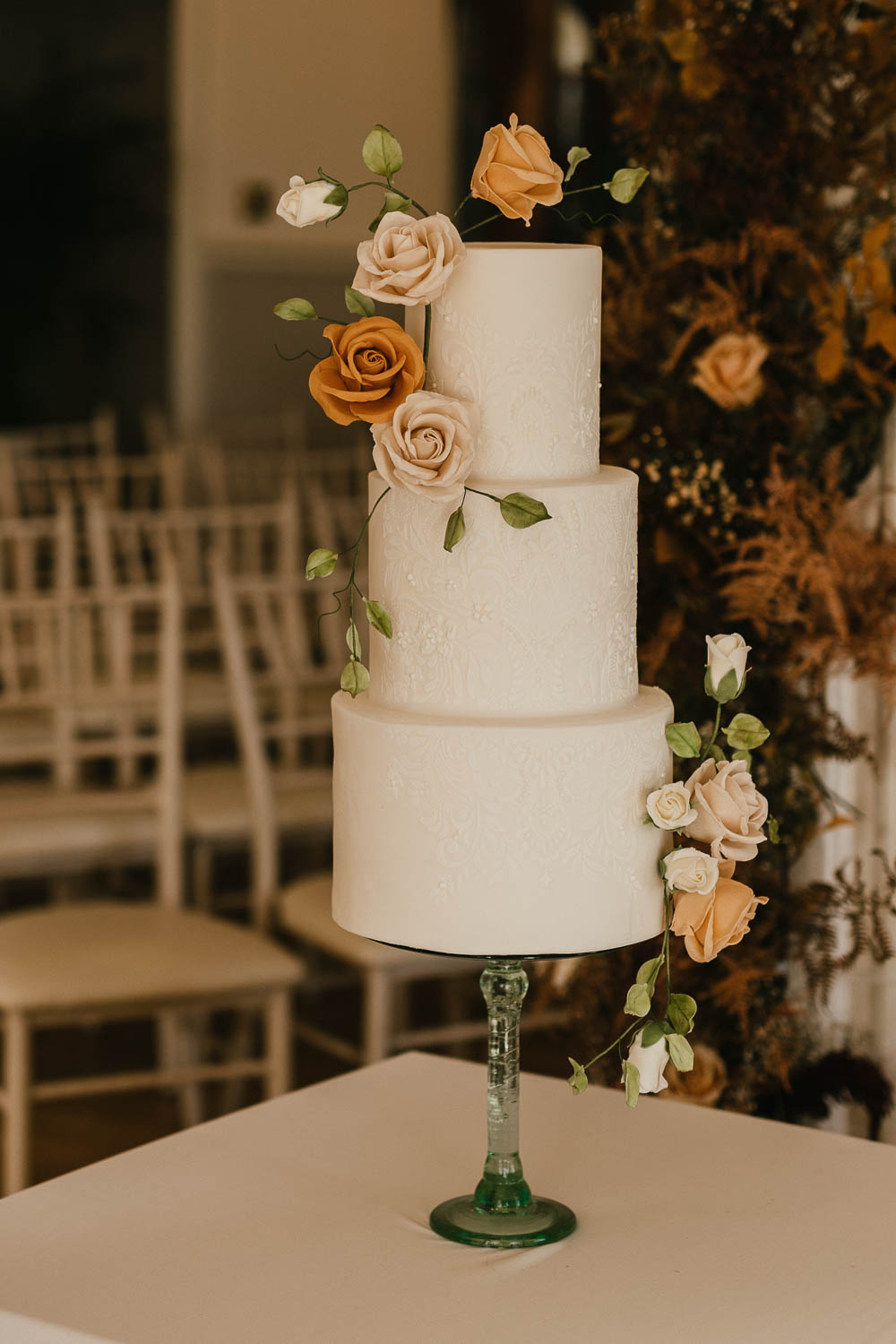 3 Tier White Cake Flowers Detail Autumn Leaf Wedding Grace Dove Photography