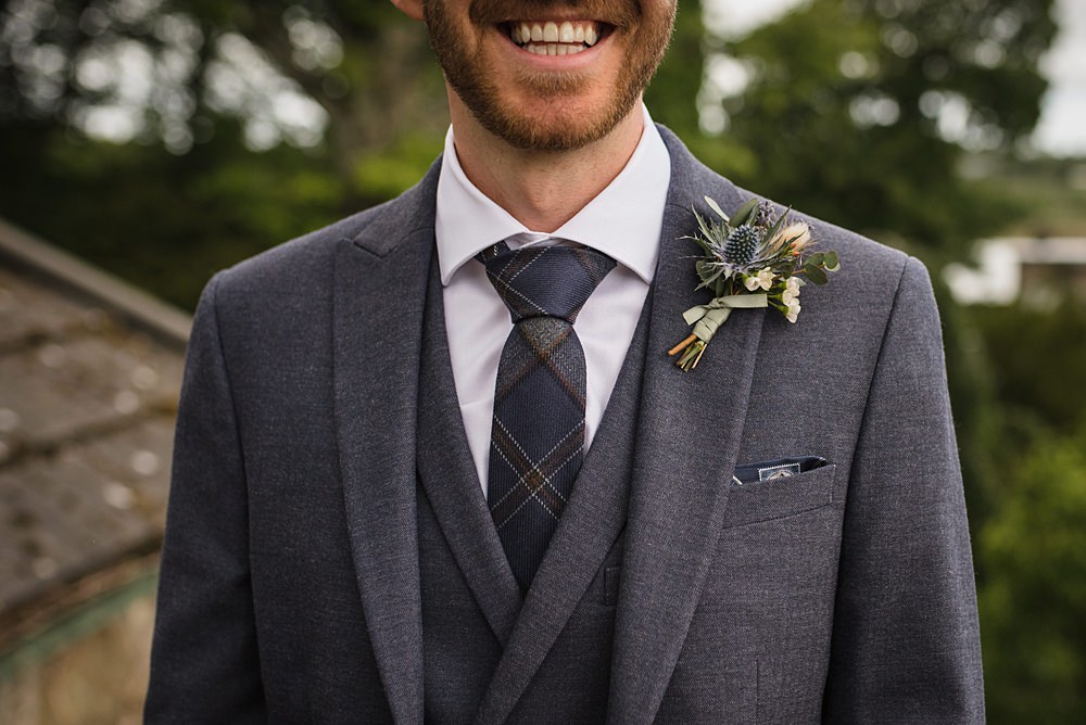 Cairns Farm Estate Wedding Kalisterscope Photography Groom Grey Suit Check Tie Buttonhole Flowers