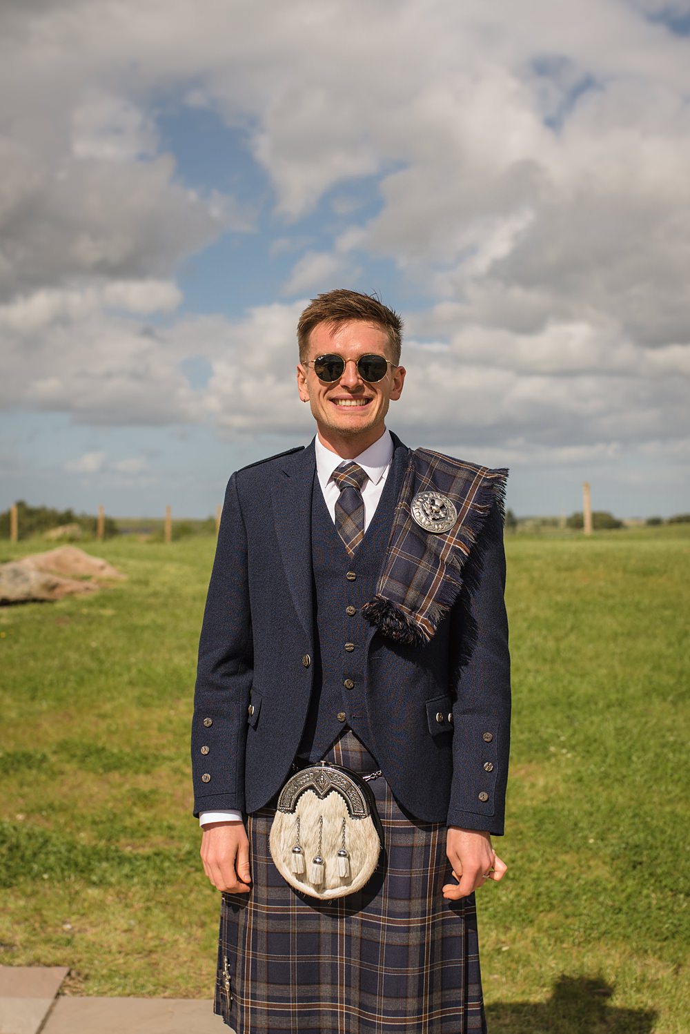 Groom Grey Kilt Suit Check Tie Buttonhole Flowers Cairns Farm Estate Wedding Kalisterscope Photography