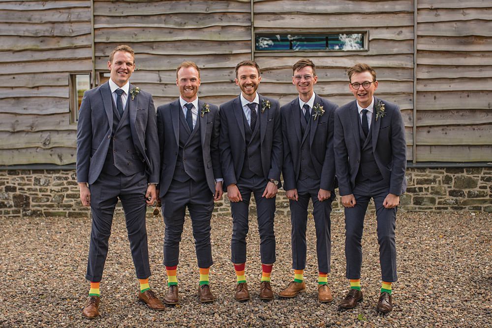 Groom Grey Suit Check Tie Buttonhole Flowers Groomsmen Socks Cairns Farm Estate Wedding Kalisterscope Photography