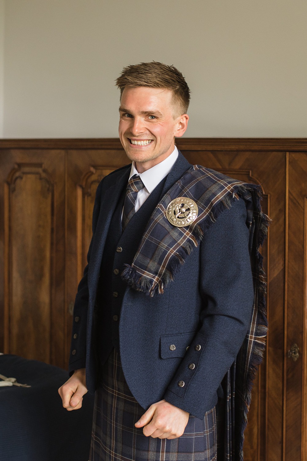 Cairns Farm Estate Wedding Kalisterscope Photography Groom Grey Kilt Suit Check Tie Buttonhole Flowers