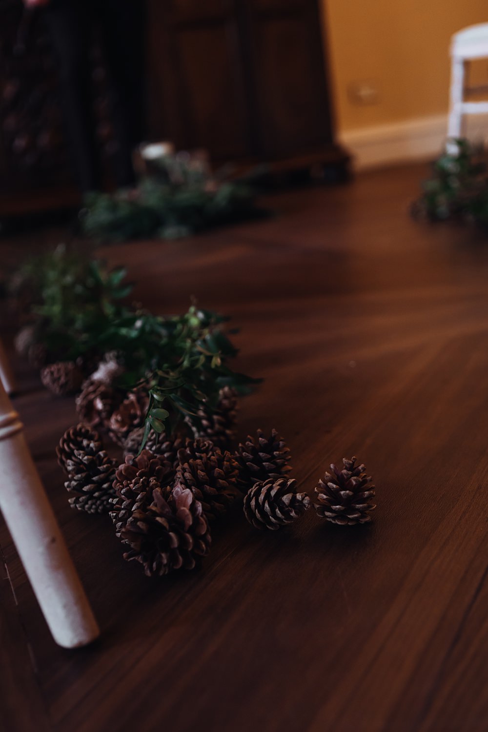 Pine Cone Greenery Decor Christmas Wedding Theme Idea Naomi Mills Photography