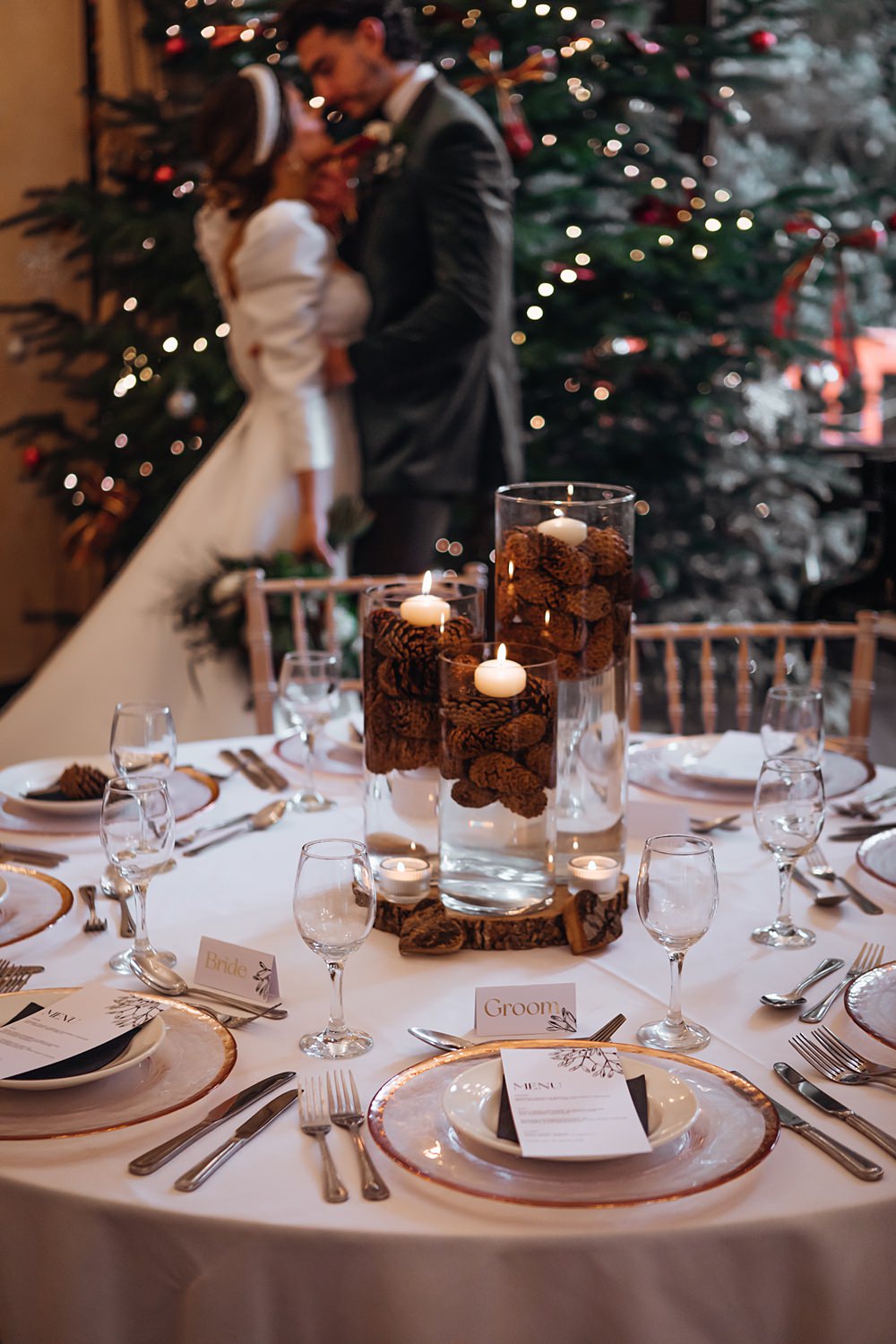 Pine Cone Floating Candles Table Centrepiece Decor Christmas Wedding Theme Idea Naomi Mills Photography