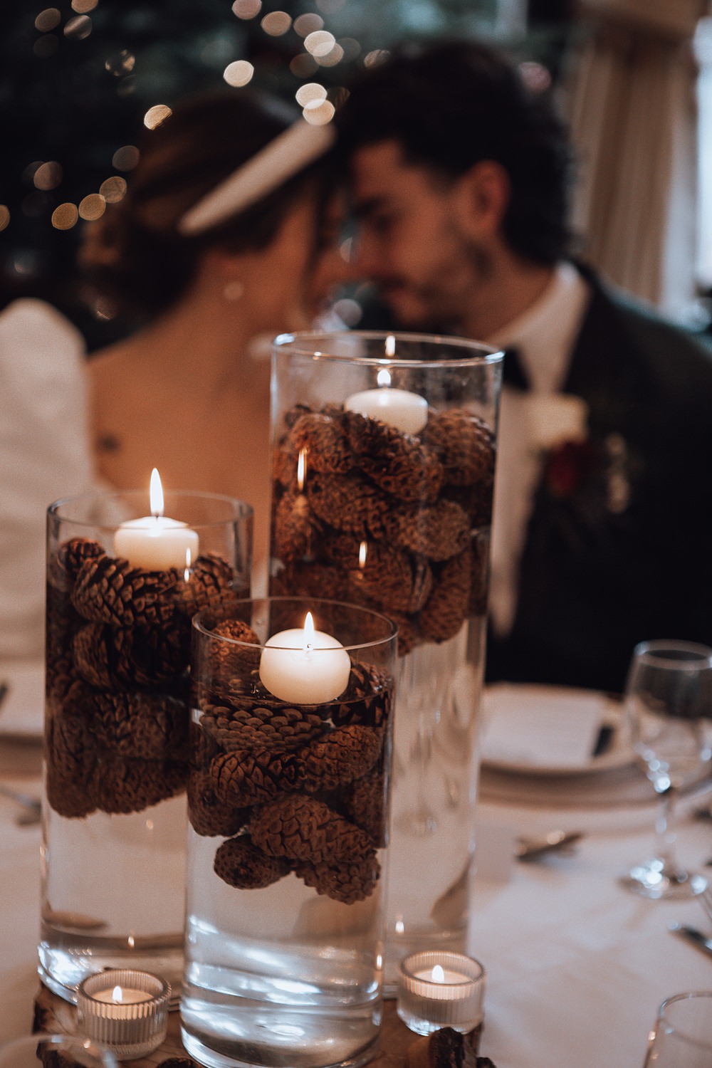 Pine Cone Floating Candles Table Centrepiece Decor Christmas Wedding Theme Idea Naomi Mills Photography