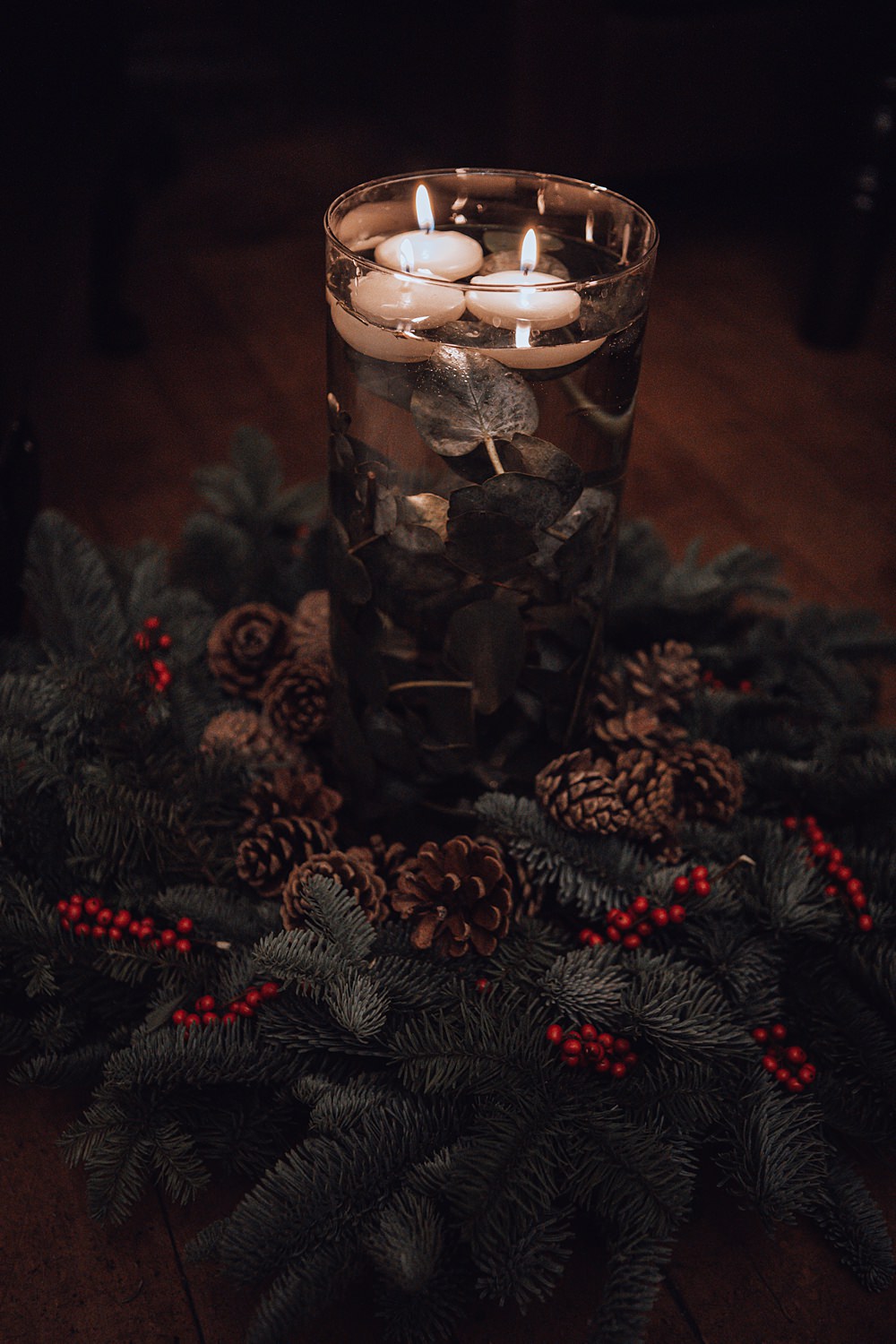 Pine Cone Floating Candles Decor Wreath Christmas Wedding Theme Idea Naomi Mills Photography