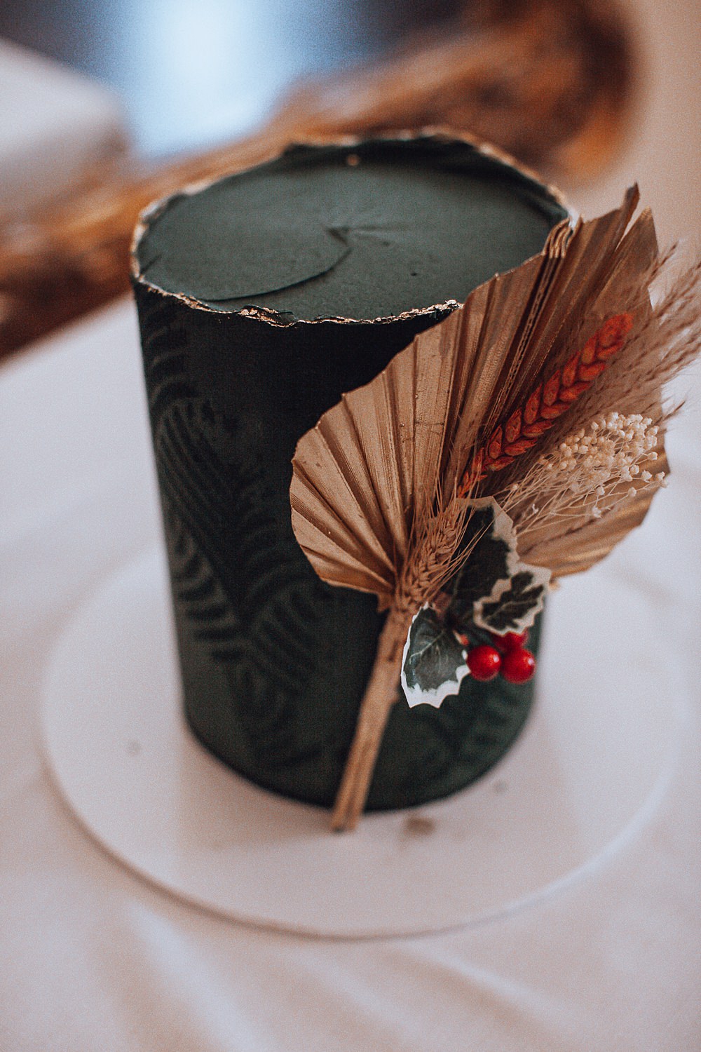 Green Cake Gold Leaf Red Berry Single Tier Christmas Wedding Theme Idea Naomi Mills Photography