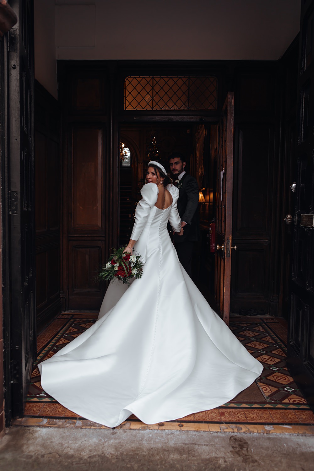 Bride Dress Gown Long Sleeves Train Christmas Wedding Theme Idea Naomi Mills Photography