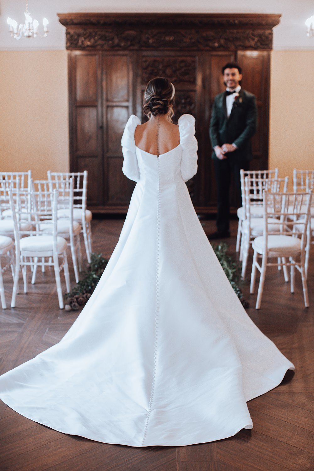 Bride Dress Gown Long Sleeves Train Christmas Wedding Theme Idea Naomi Mills Photography
