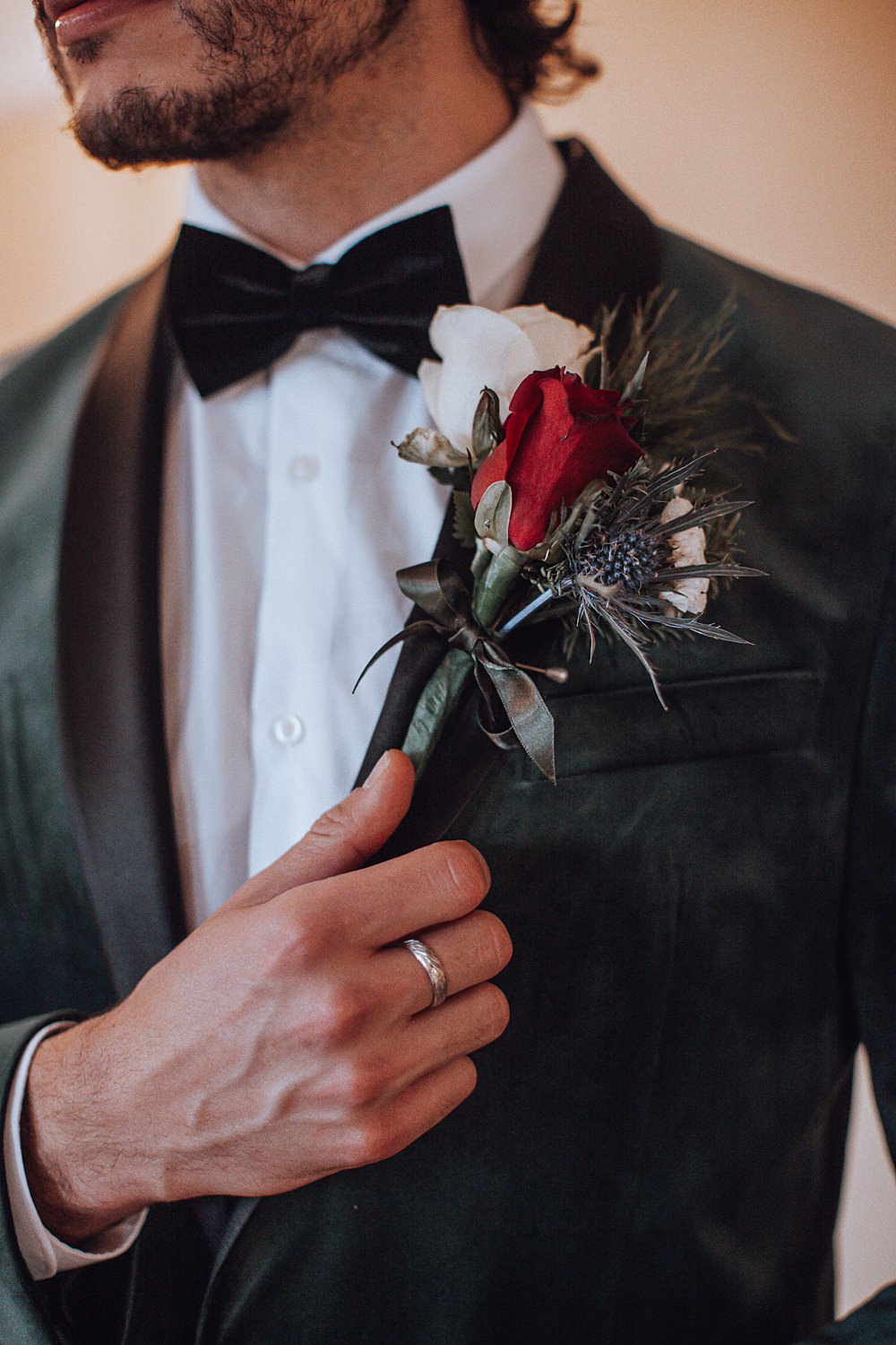 Groom Buttonhole Flowers Red White Rose Christmas Wedding Theme Idea Naomi Mills Photography