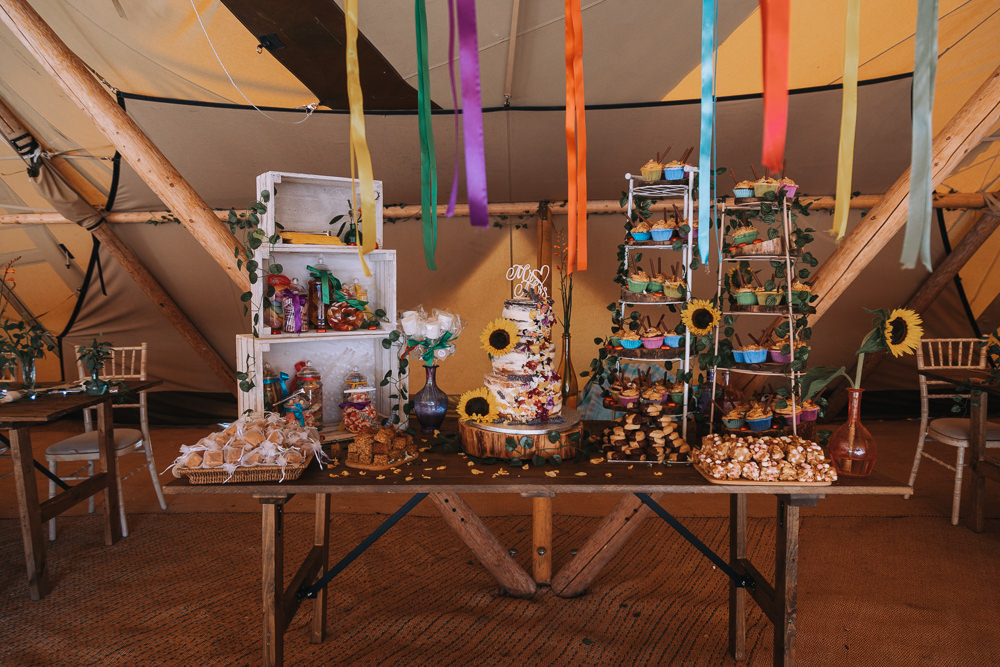 Cake Dessert Table Colourful Ribbon Forest Lodge Weddings SianRichardson