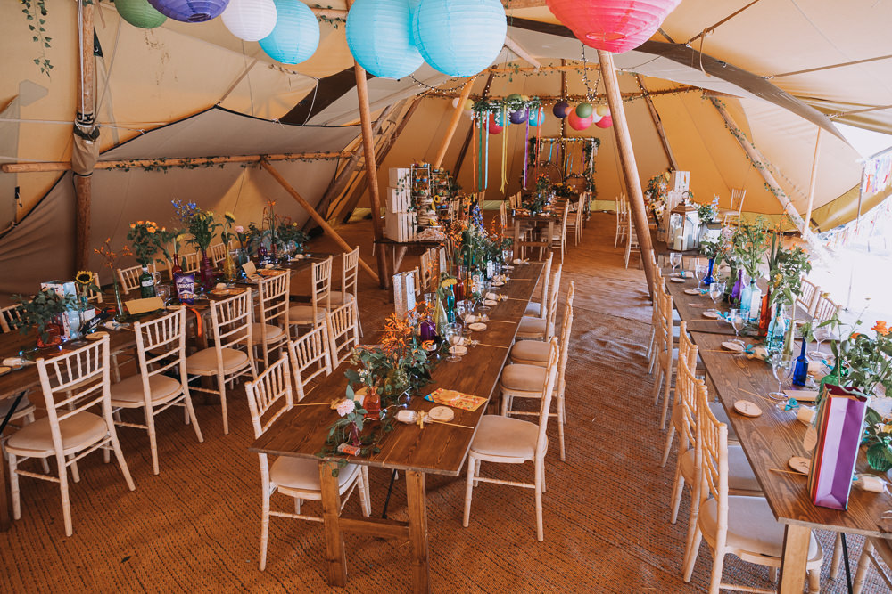 Tipi Reception Rustic Tables Colourful Lanterns Forest Lodge Weddings SianRichardson