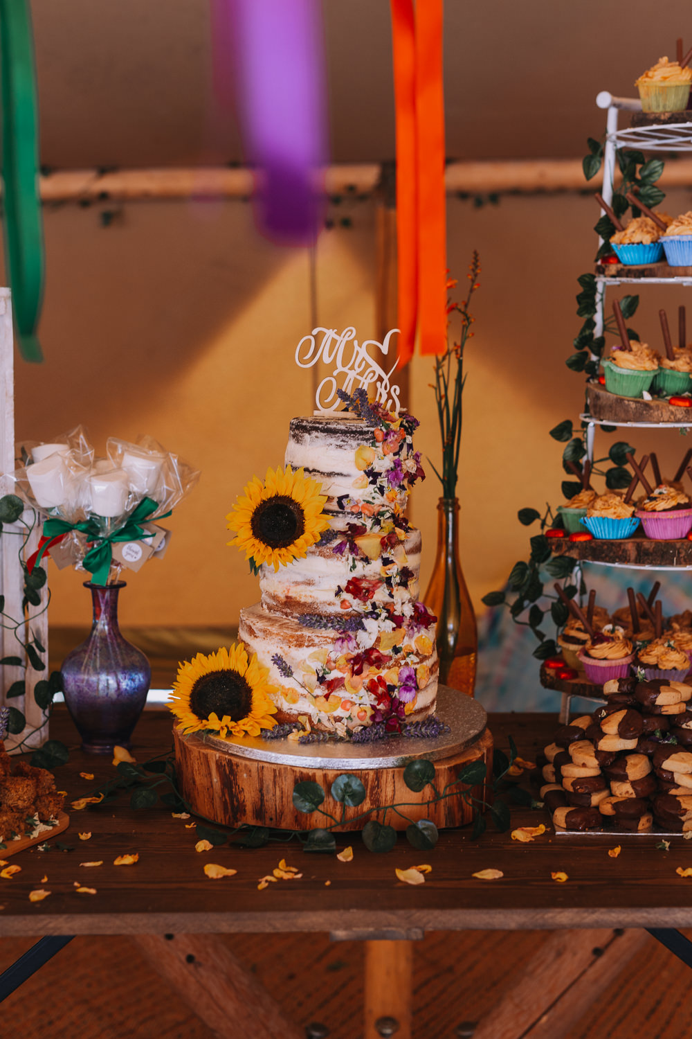 Semi Naked Cake Sunflowers Forest Lodge Weddings SianRichardson