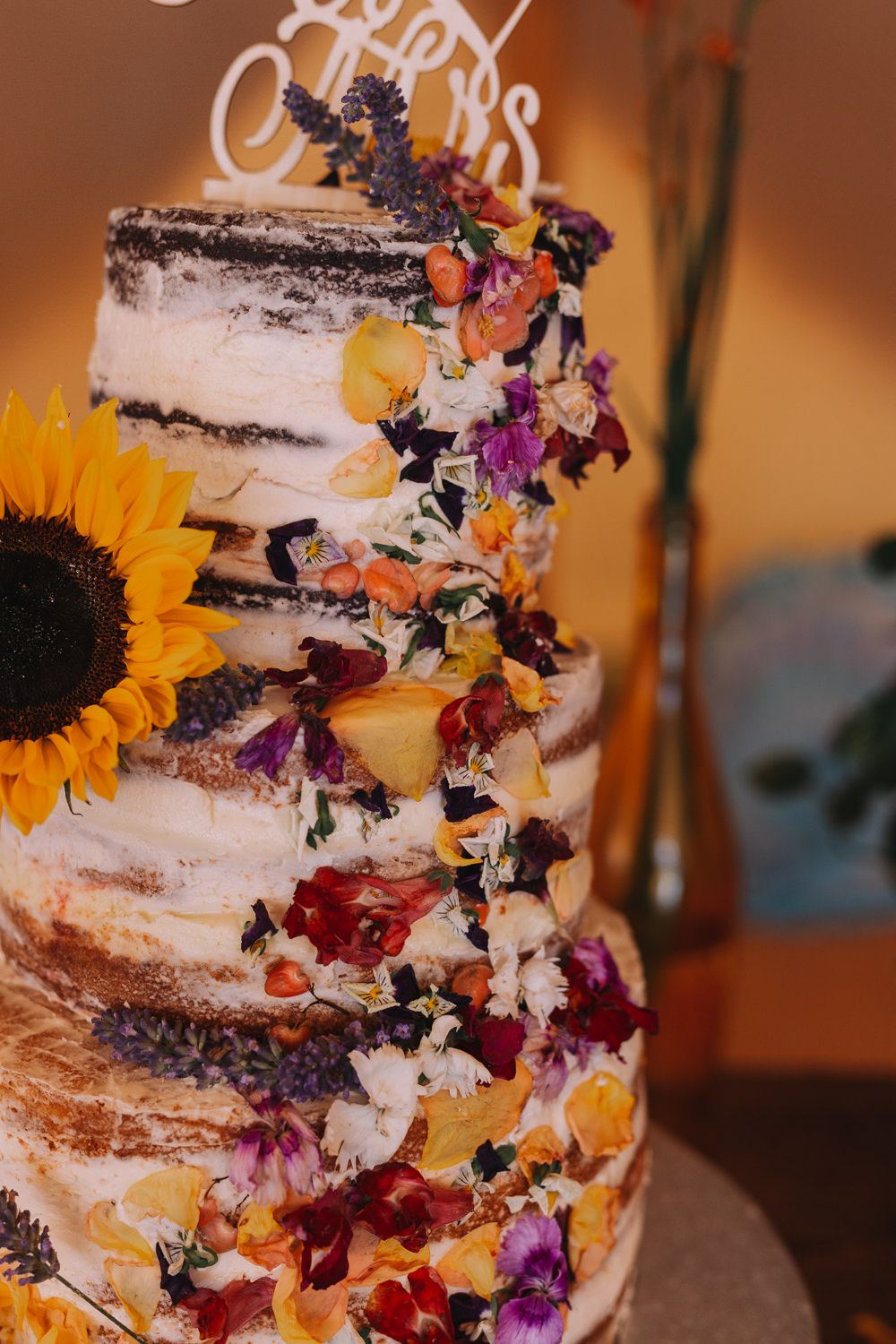 Semi Naked Cake Sunflowers Forest Lodge Weddings SianRichardson