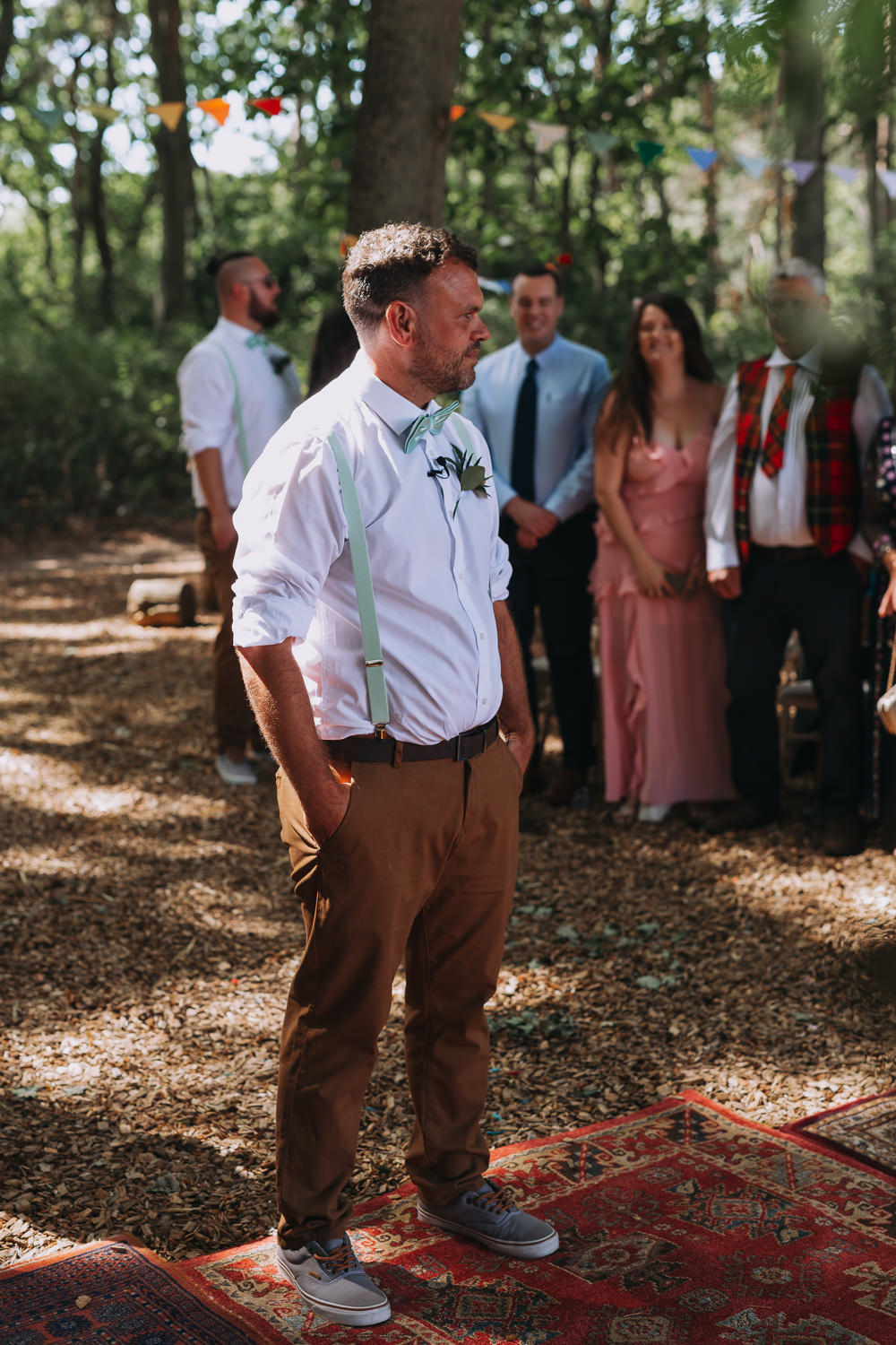 Groom Brown Chinos Braces Bow Ties Mint Forest Lodge Weddings SianRichardson