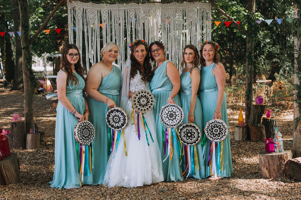 Mint Green Bridesmaid Dresses Tambourines Bouquet Forest Lodge Weddings SianRichardson