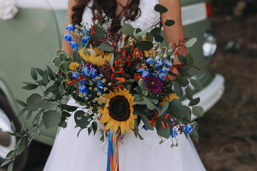 Bridal Bouquet Sunflower Colourful Flowers Forest Lodge Weddings SianRichardson