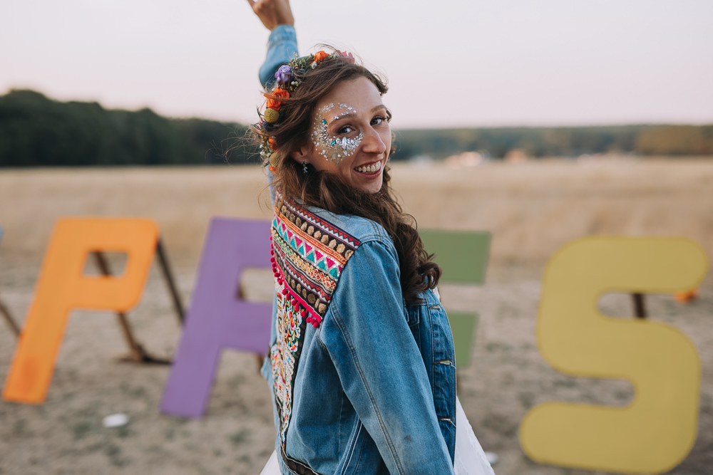 Glitter Make Up Bride Denim Jacket Forest Lodge Weddings SianRichardson
