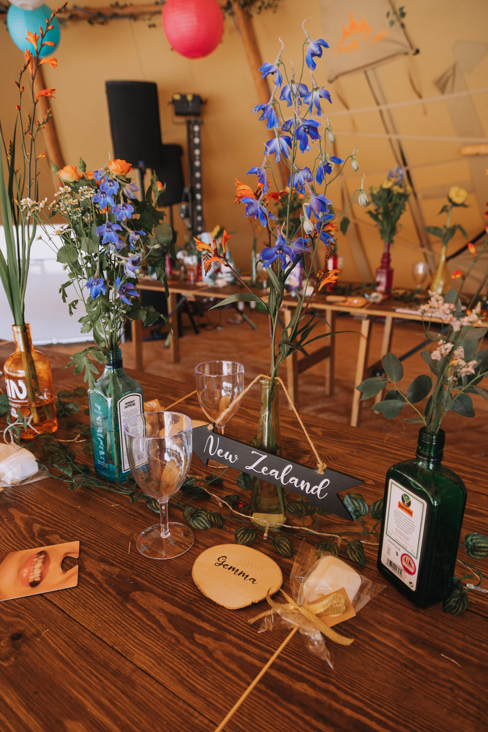 Centrepiece Flowers Table Name Tipi Decor Forest Lodge Weddings SianRichardson