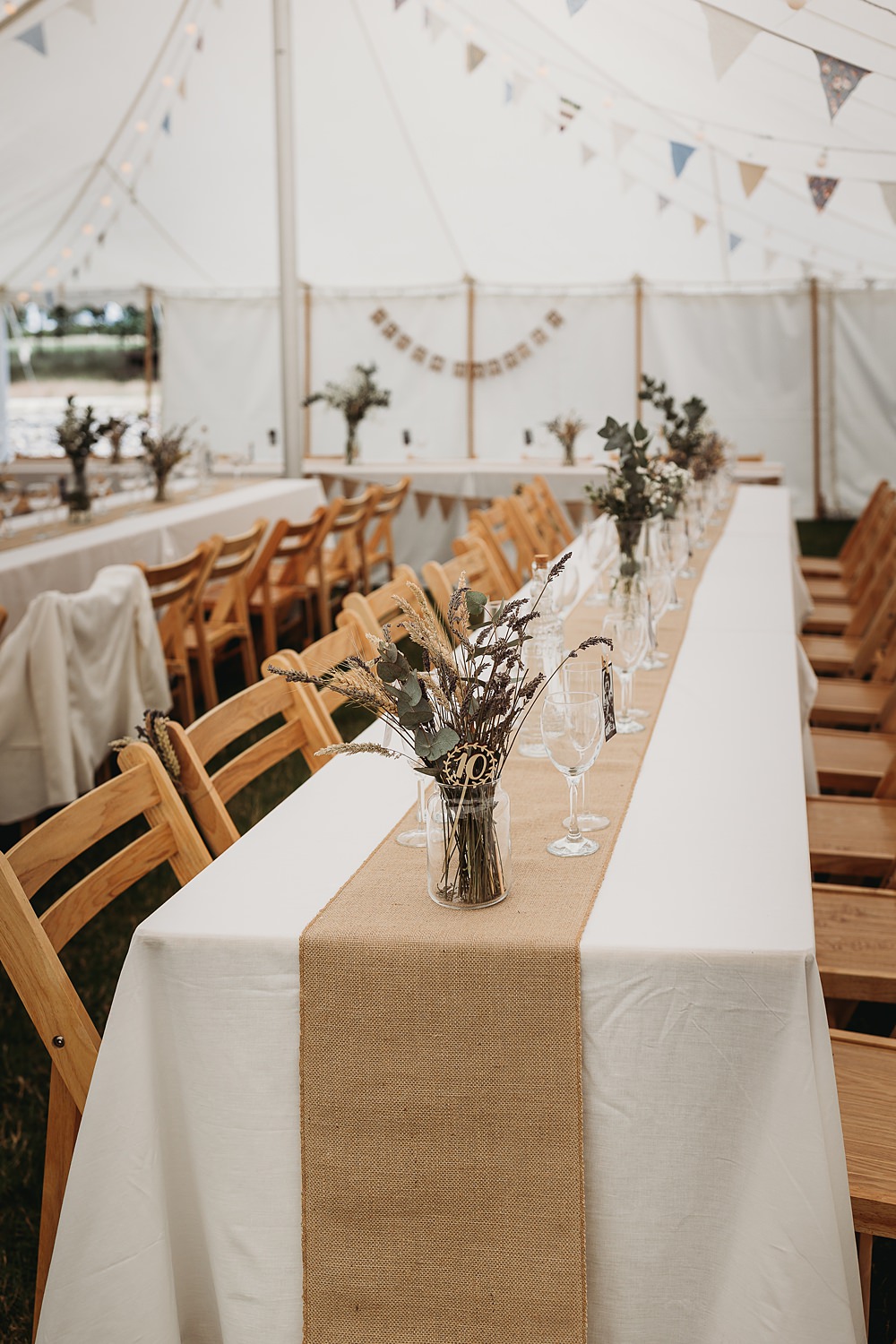 Hessian Table Runner Vase Flowers Hall Farm Events Wedding Thyme Lane Photography