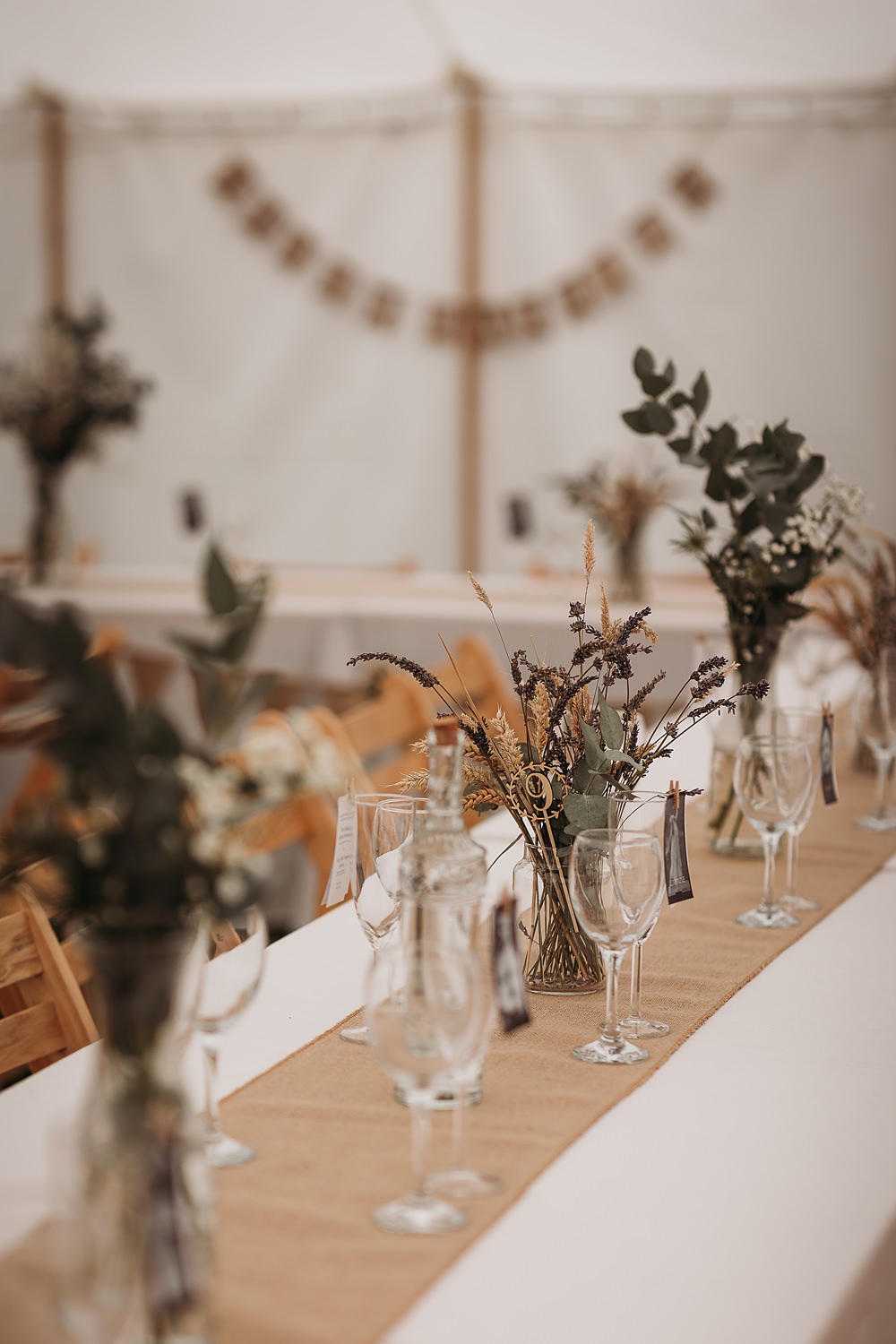 Hessian Table Runner Vase Flowers Hall Farm Events Wedding Thyme Lane Photography