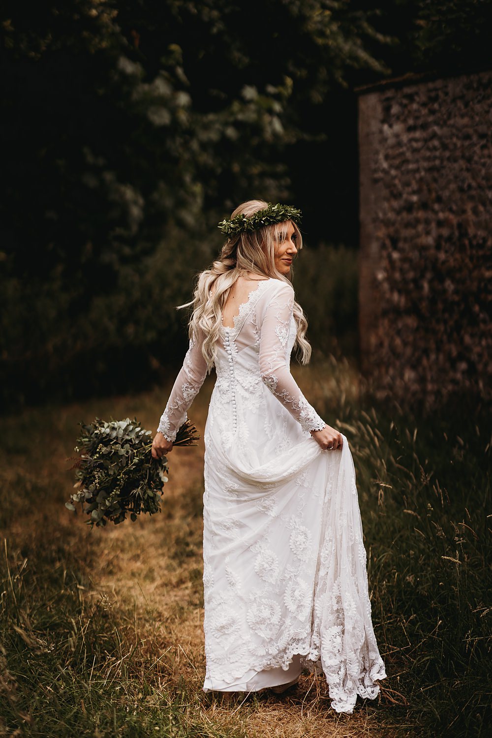 Dress Gown Bride Bridal Long Lace Sleeves Boho Hall Farm Events Wedding Thyme Lane Photography
