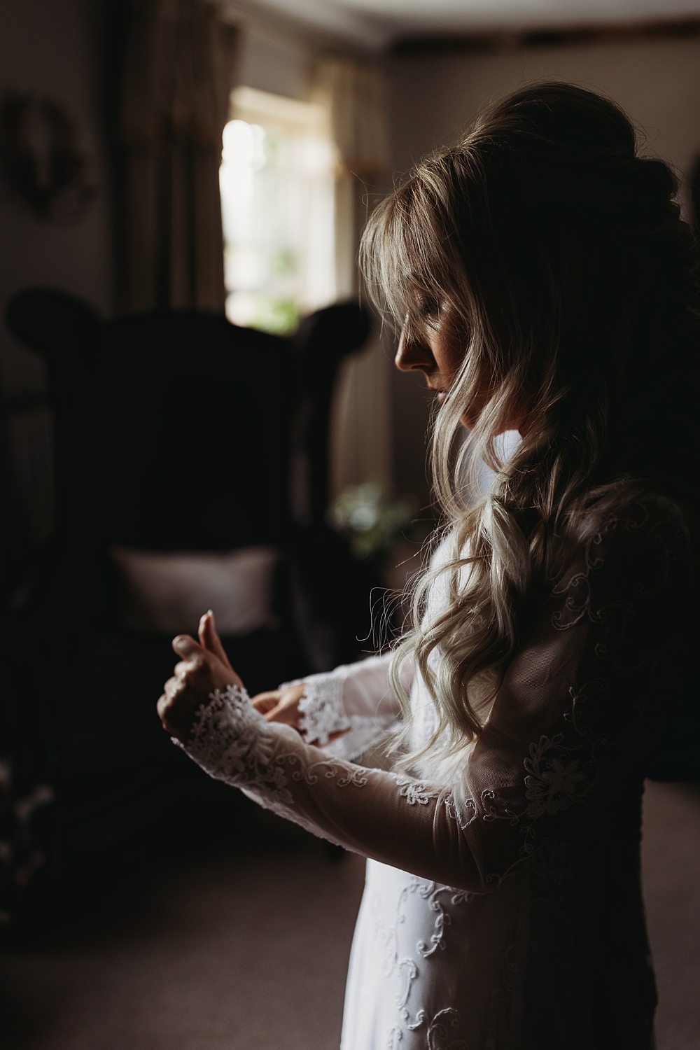 Dress Gown Bride Bridal Long Lace Sleeves Boho Hall Farm Events Wedding Thyme Lane Photography
