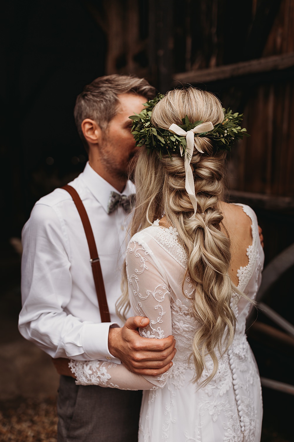 Greenery Flower Crown Bride Hairstyle Braid Hall Farm Events Wedding Thyme Lane Photography