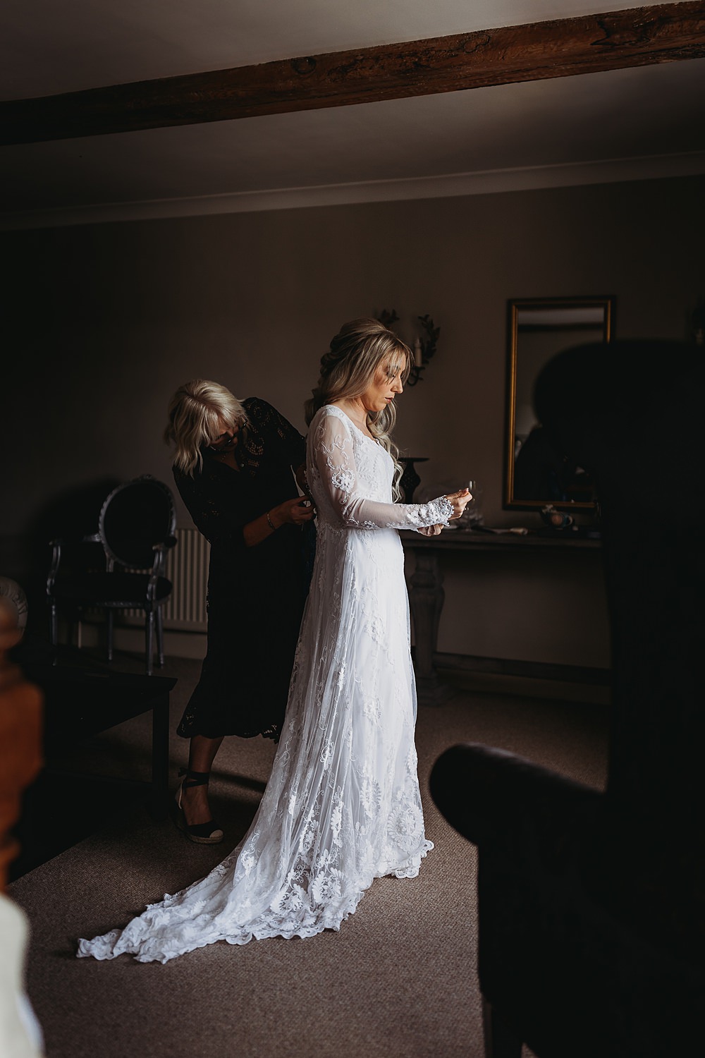 Dress Gown Bride Bridal Long Lace Sleeves Boho Hall Farm Events Wedding Thyme Lane Photography