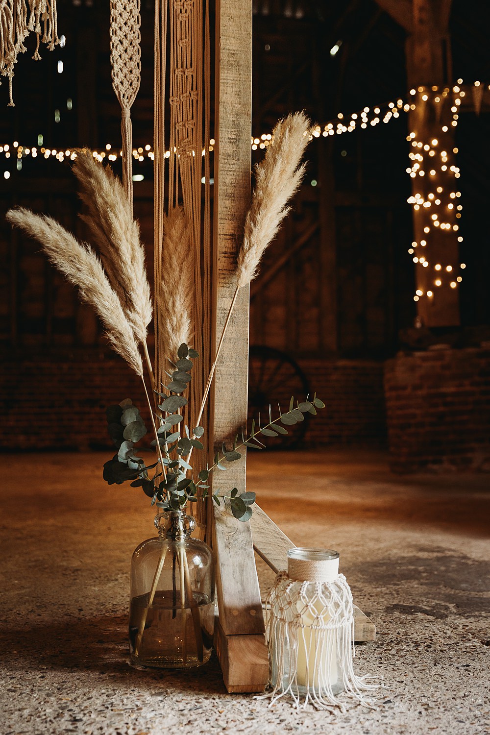 Pampas Grass Eucalyptus Flowers Macrame Candle Hall Farm Events Wedding Thyme Lane Photography