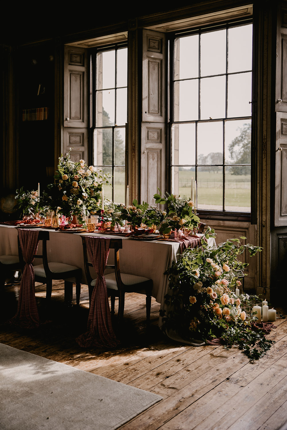 Table Flowers Decor Pink Runner Tall Candles Floor Garland Retro Autumn Wedding Ideas Jemma King Photography