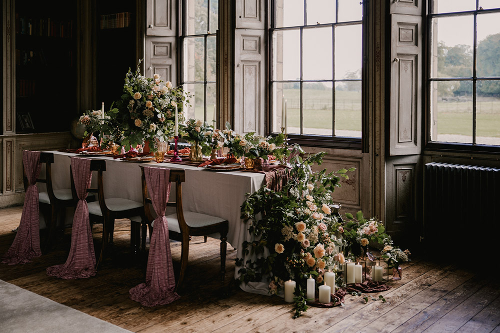 Table Flowers Decor Pink Runner Tall Candles Floor Garland Retro Autumn Wedding Ideas Jemma King Photography