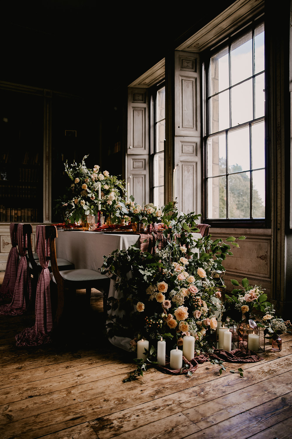 Table Flowers Decor Pink Runner Tall Candles Floor Garland Retro Autumn Wedding Ideas Jemma King Photography