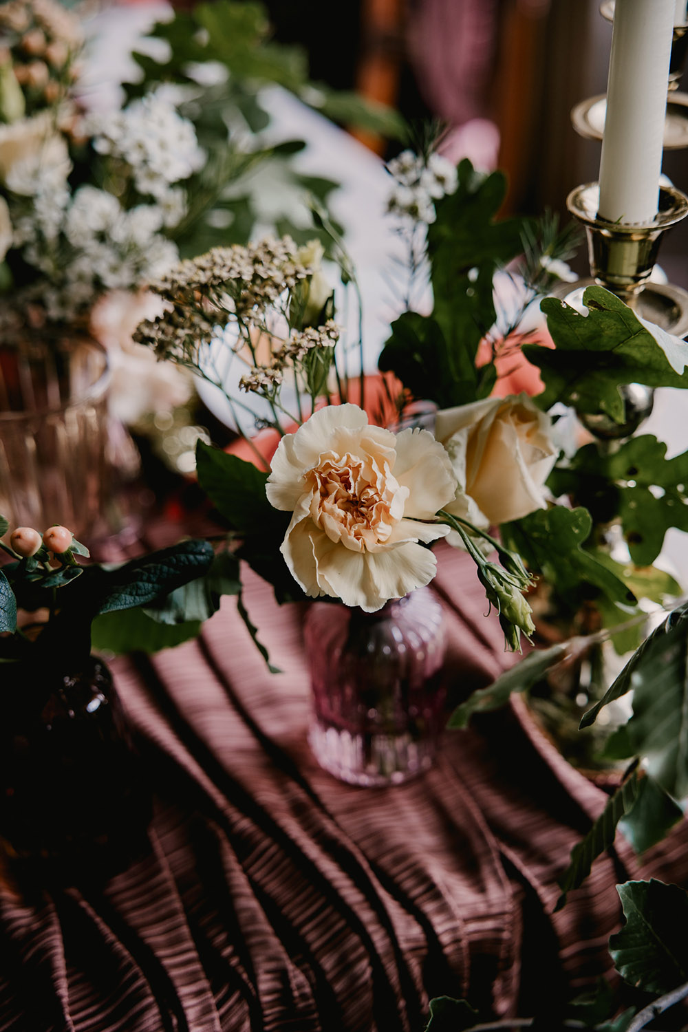 Table Flowers Decor Pink Runner Tall Candles Retro Autumn Wedding Ideas Jemma King Photography