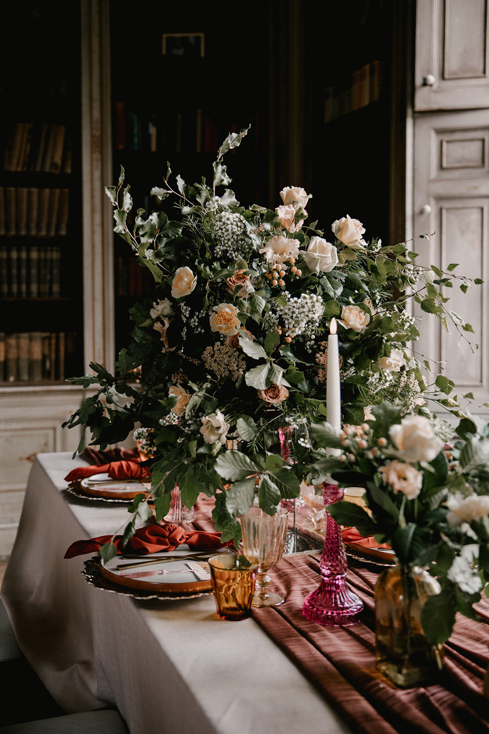 Table Flowers Decor Pink Runner Tall Candles Retro Autumn Wedding Ideas Jemma King Photography