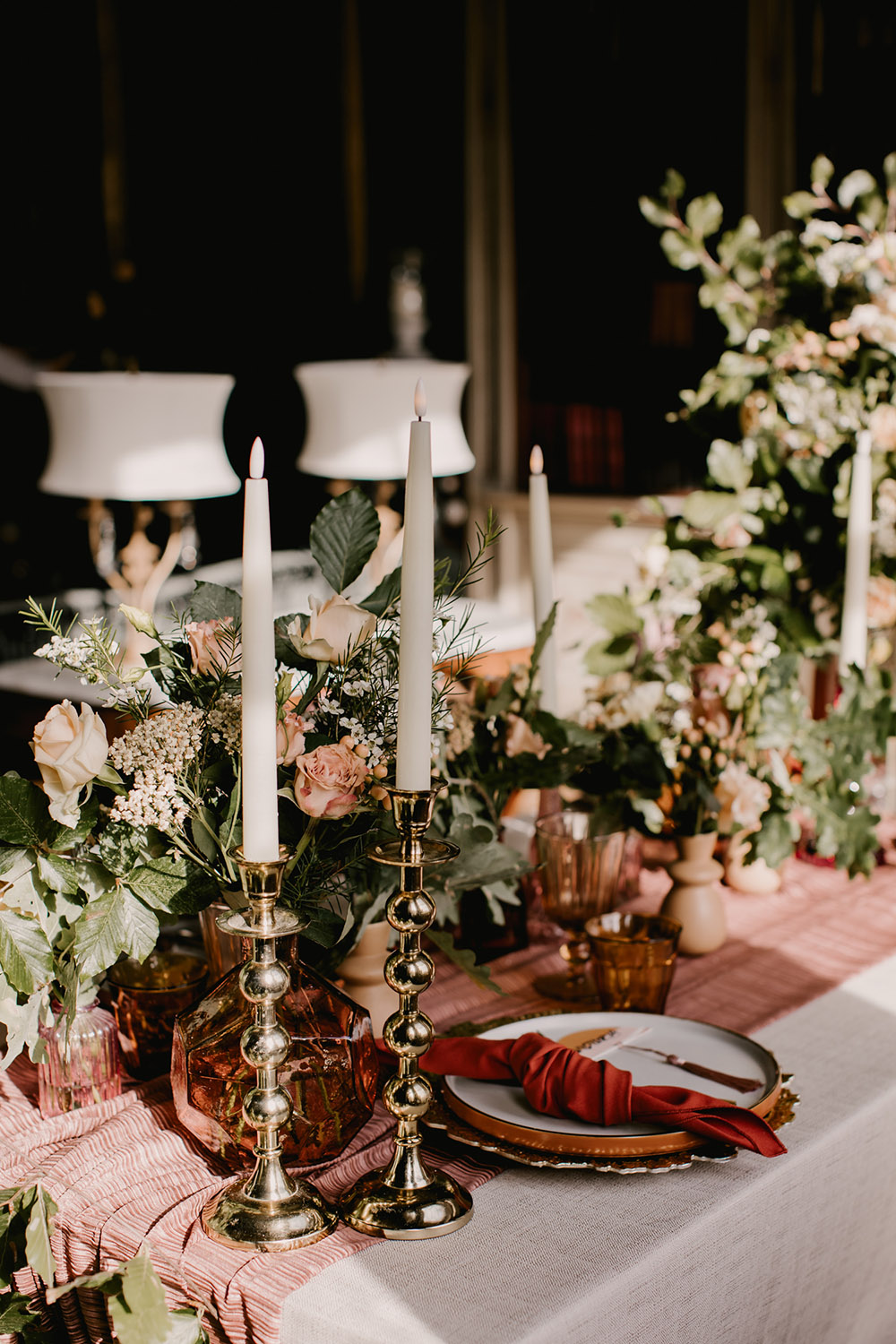 Table Flowers Decor Pink Runner Tall Candles Retro Autumn Wedding Ideas Jemma King Photography