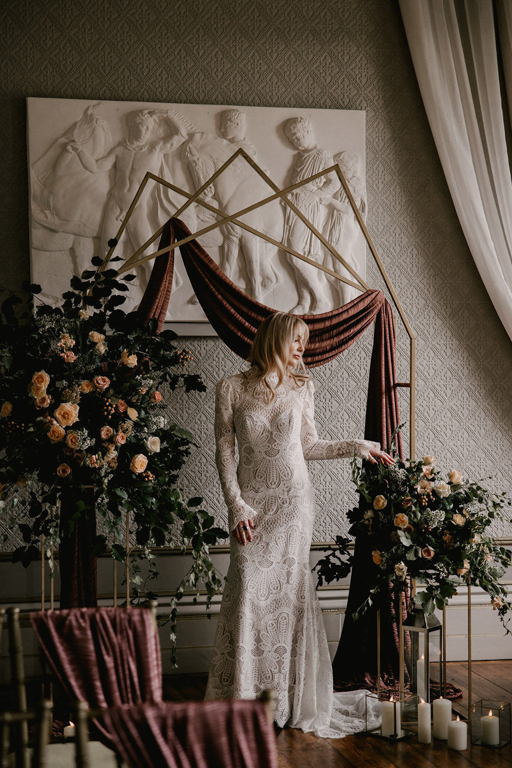Backdrop Geometric Ceremony Flowers Candles Drapes Retro Autumn Wedding Ideas Jemma King Photography