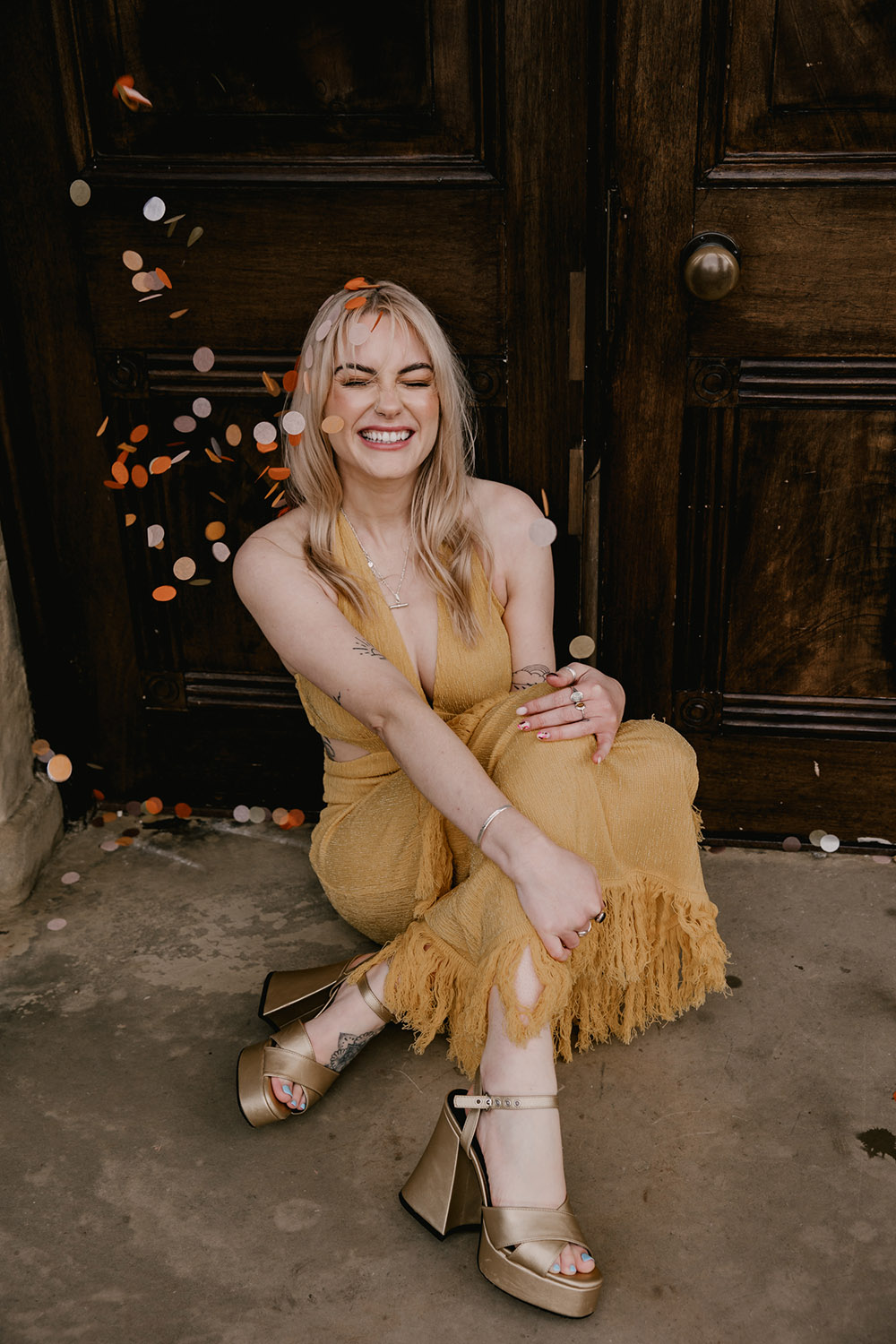Yellow Bridesmaid Dress Platforms Gold Retro Autumn Wedding Ideas Jemma King Photography