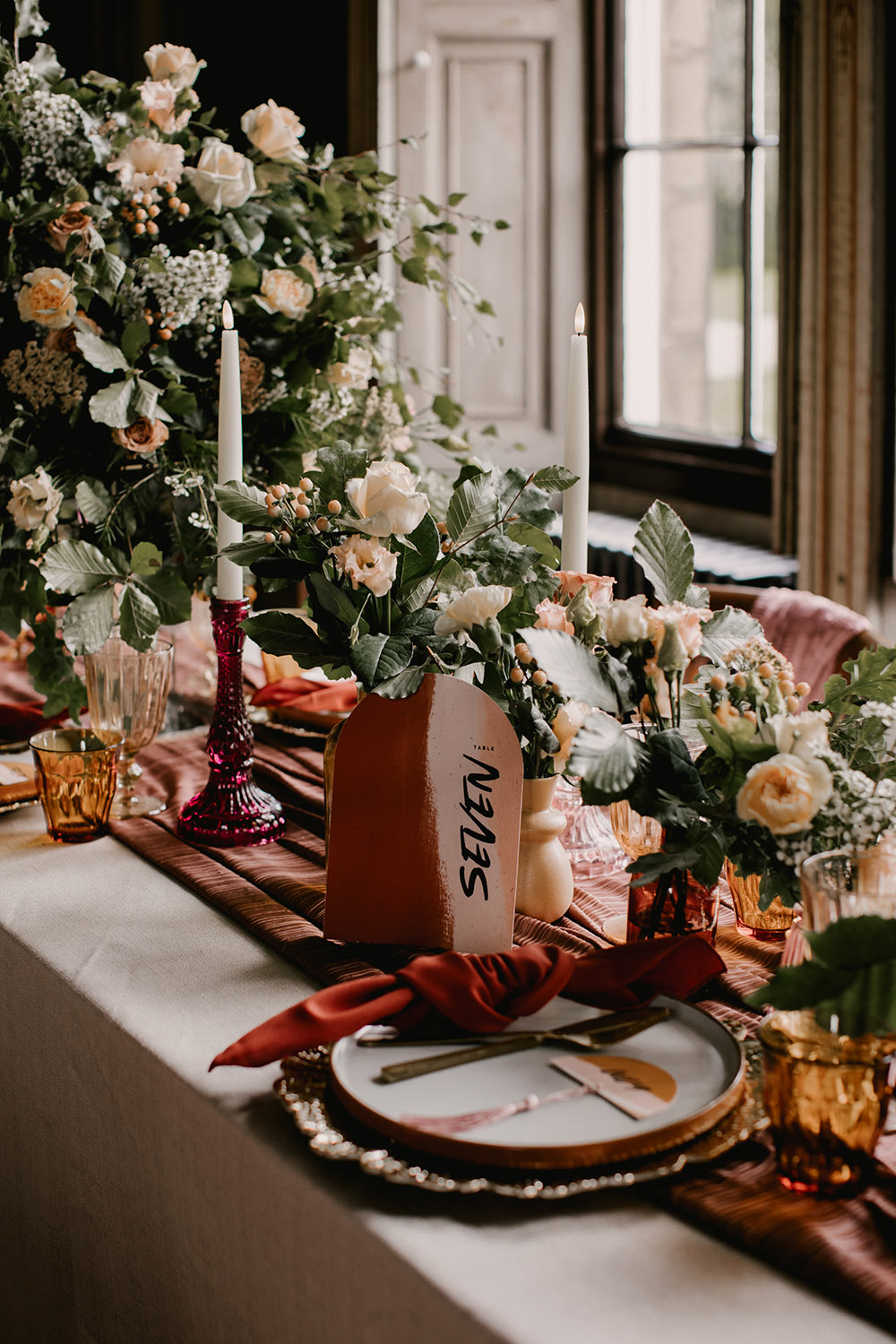 Table Flowers Decor Pink Runner Tall Candles Retro Autumn Wedding Ideas Jemma King Photography