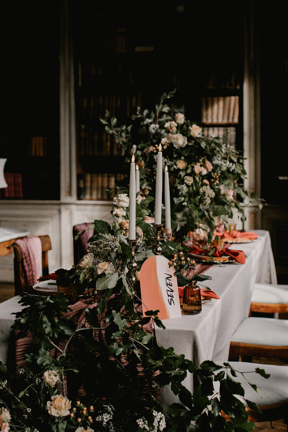 Table Flowers Decor Pink Runner Tall Candles Retro Autumn Wedding Ideas Jemma King Photography