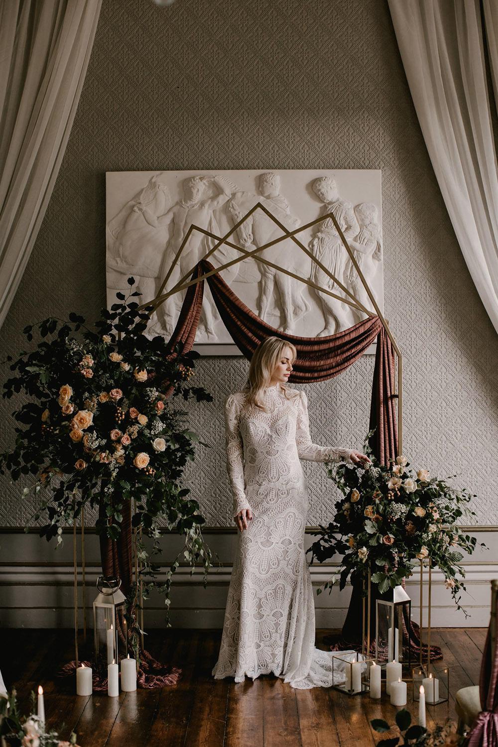 Backdrop Geometric Ceremony Flowers Candles Drapes Retro Autumn Wedding Ideas Jemma King Photography