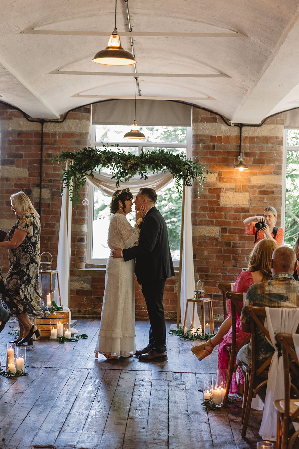 Ceremony Candles Backdrop Arch Venue Bowers Mill Wedding Louise Barry Photographer